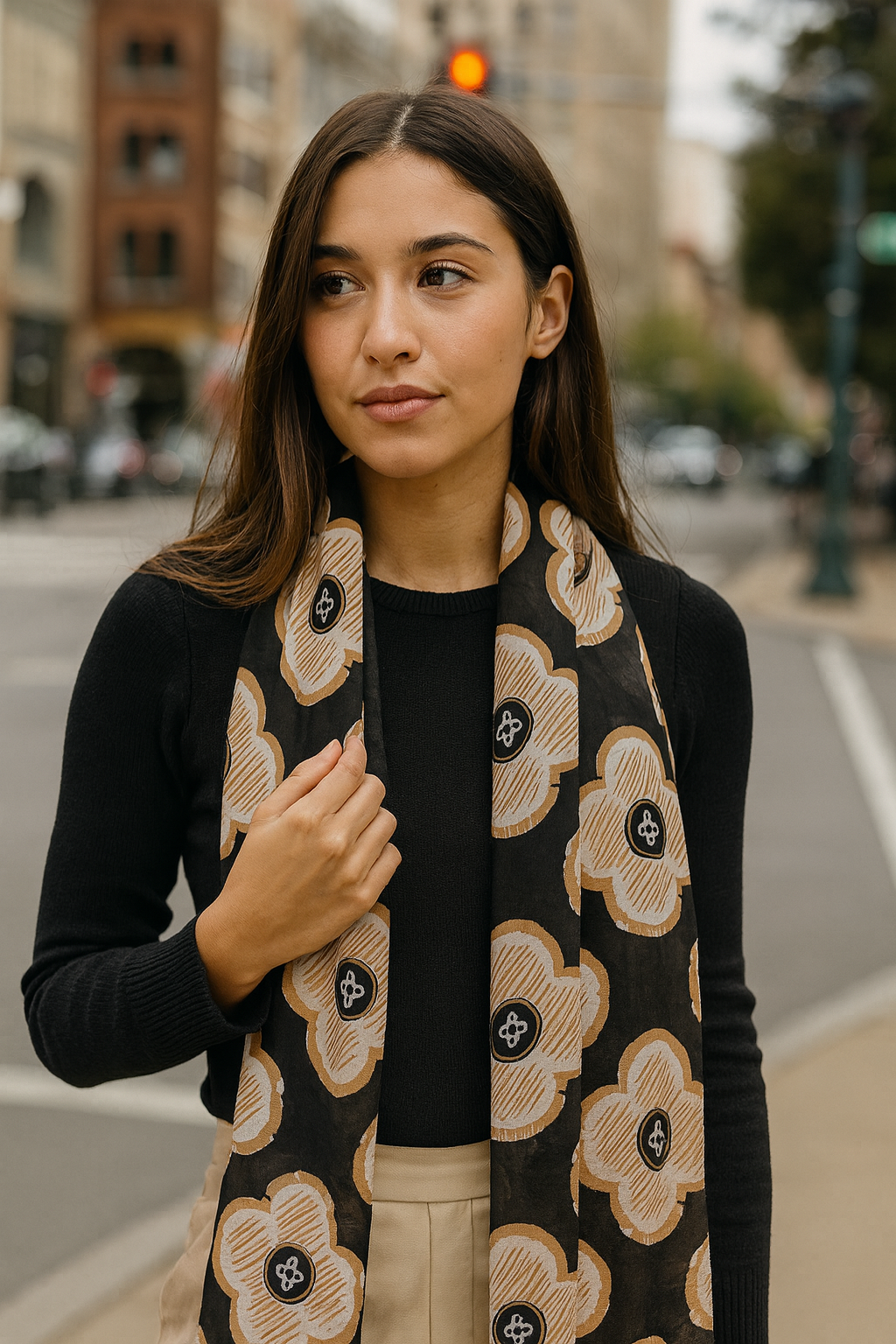 Foulard CYU long noir et fleurs beiges