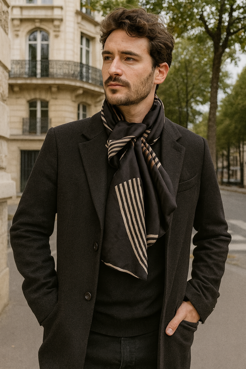 Foulard CYU long et soyeux style rétro fond noir, blanc et marron à rayures et fleurs