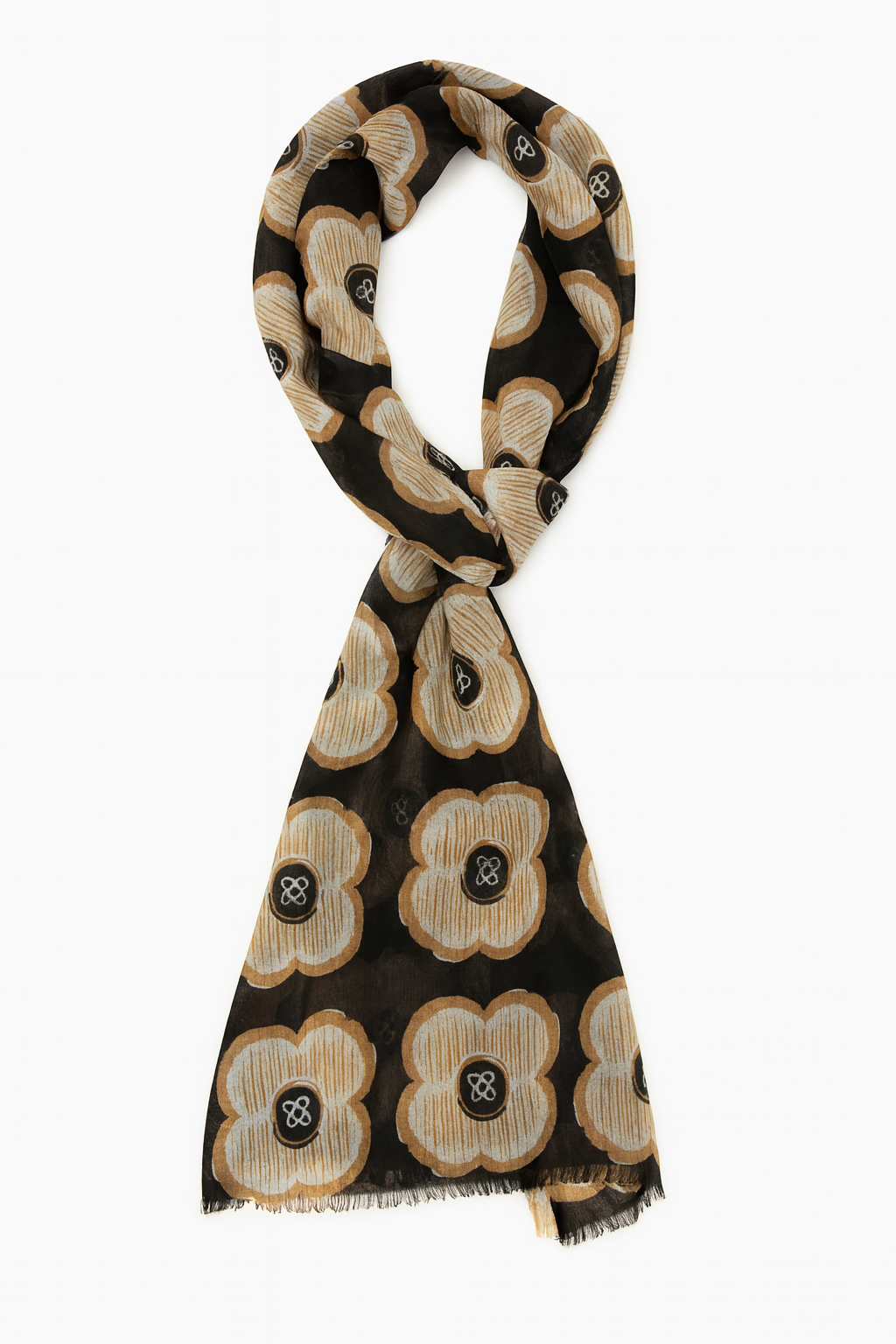 Foulard CYU long noir et fleurs beiges