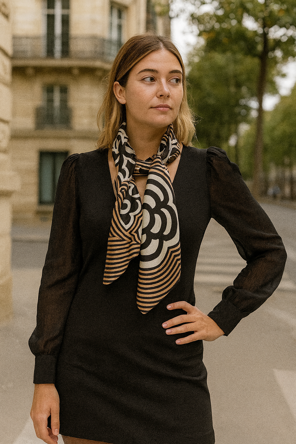 Foulard CYU long et soyeux avec motifs rétro, blanc noir et marron, très lumineux