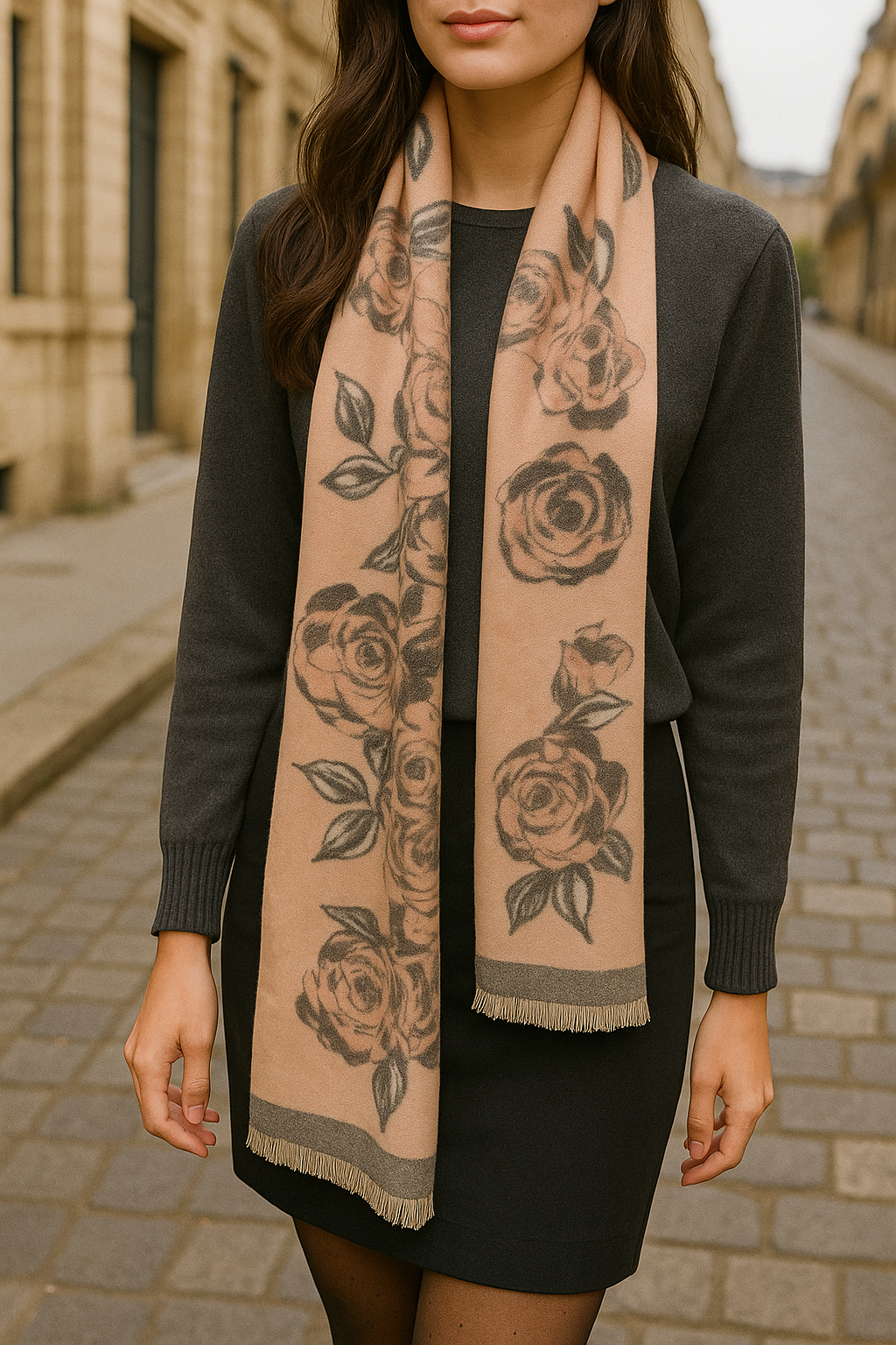 Foulard CYU long rose chair et gris très doux