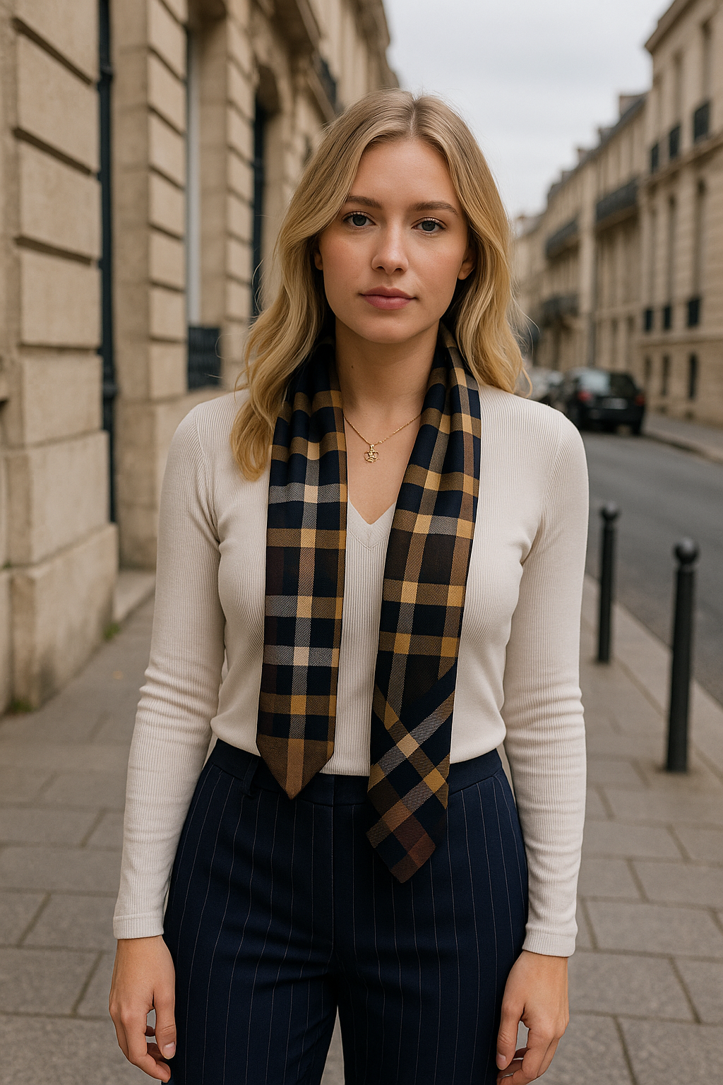 Foulard CLARE _ tartan bleu marron et verso satin bleu_ CYU