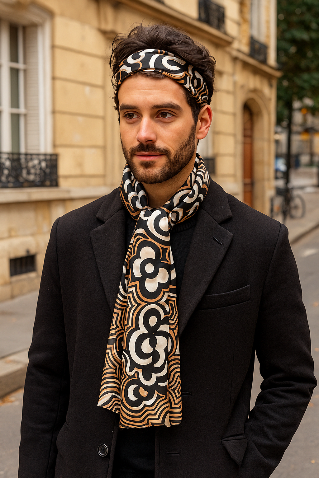 Foulard CYU long et soyeux avec motifs rétro, blanc noir et marron, très lumineux