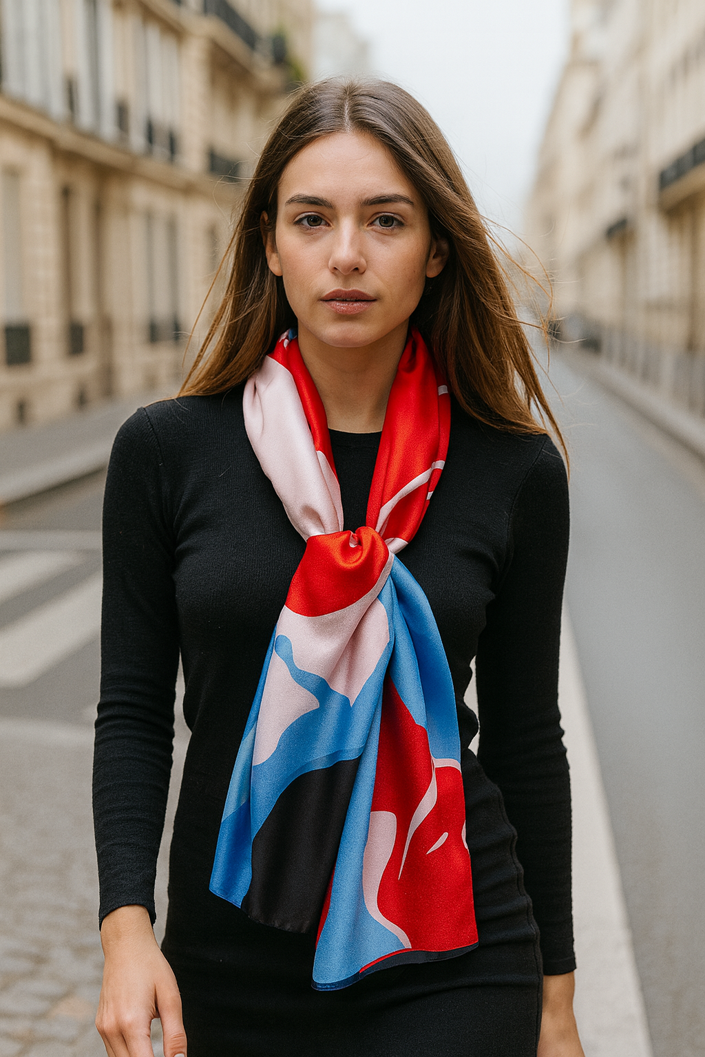 Foulard CYU bleu rose rouge long et soyeux
