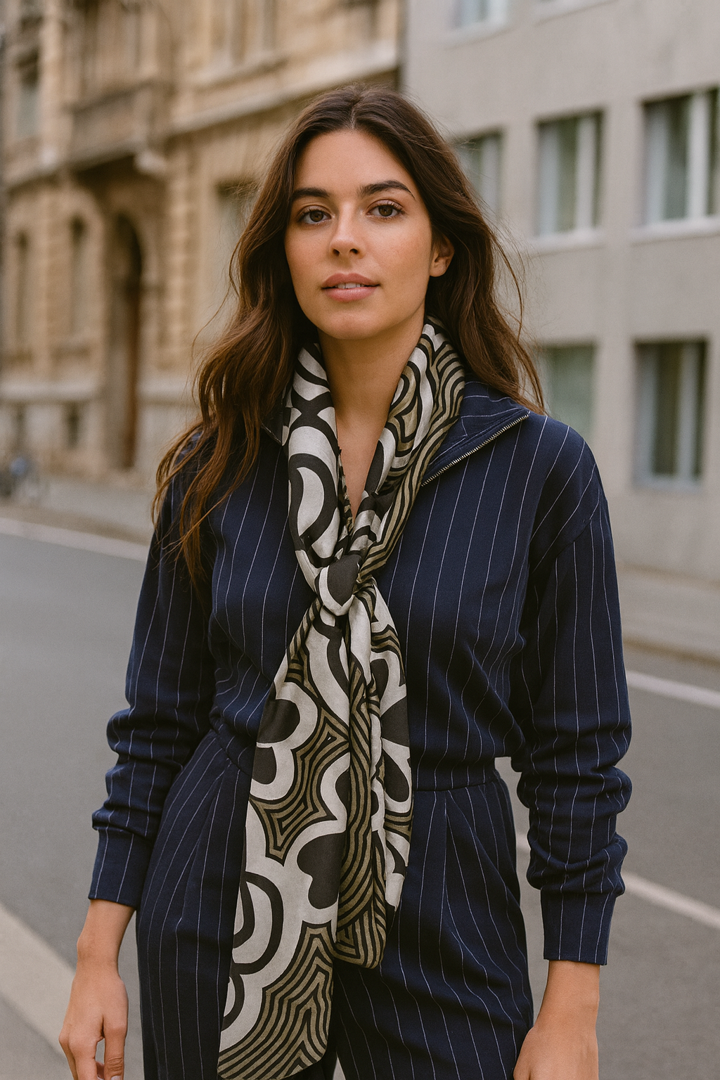 Foulard CYU long rétro vert avec motifs géométriques noirs et blancs