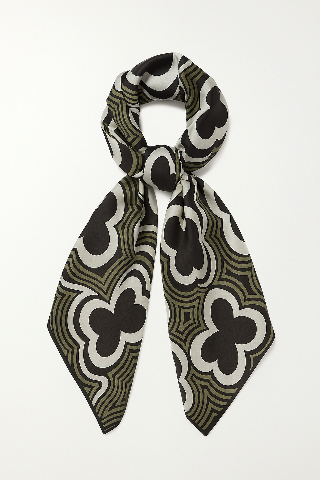 Foulard CYU long rétro vert avec motifs géométriques noirs et blancs