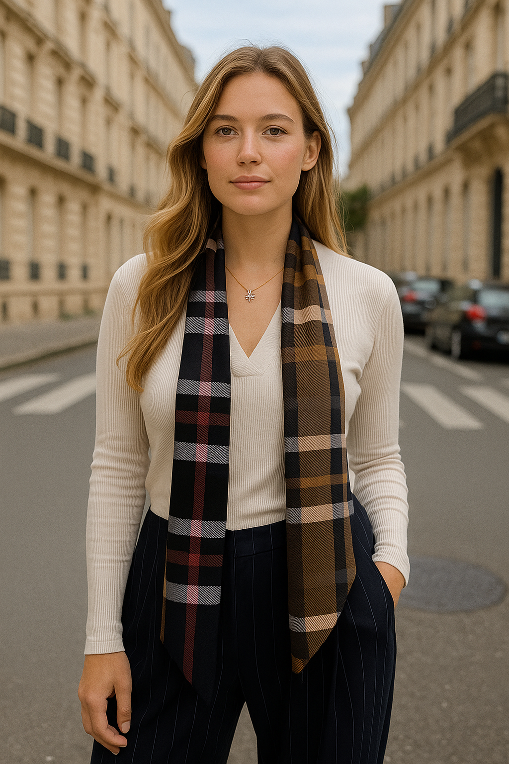 Foulard CLARE _ tartan bleu marron et verso satin bleu_ CYU