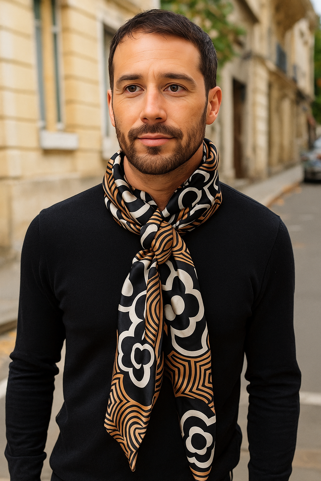 Foulard CYU long et soyeux avec motifs rétro, blanc noir et marron, très lumineux