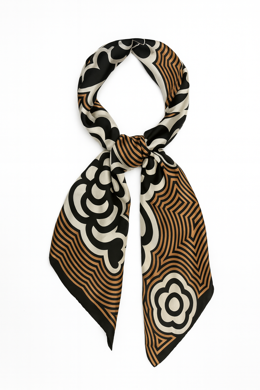 Foulard CYU long et soyeux avec motifs rétro, blanc noir et marron, très lumineux