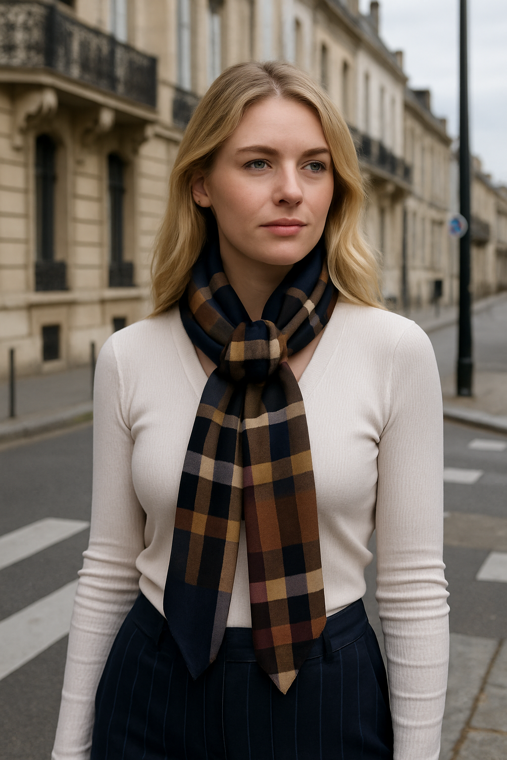 Foulard CLARE _ tartan bleu marron et verso satin bleu_ CYU