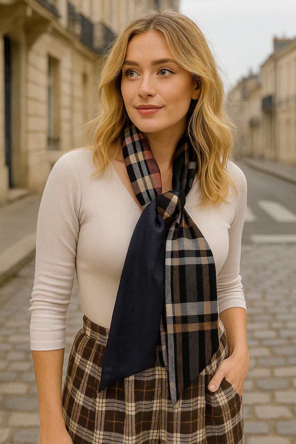 Foulard CLARE _ tartan bleu marron et verso satin bleu_ CYU