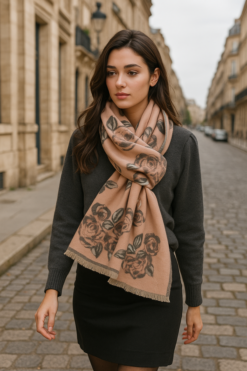 Foulard CYU long rose chair et gris très doux