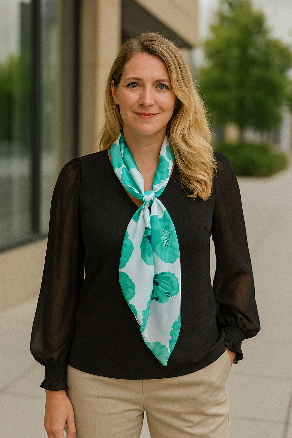 Foulard CYU Vert et Blanc très doux en soie