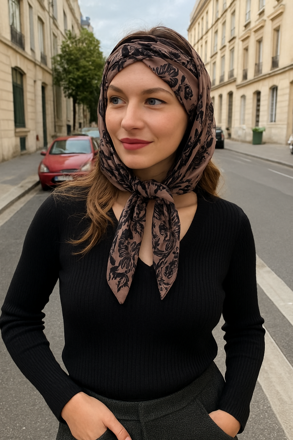 Foulard CYU grand Carré soie marron