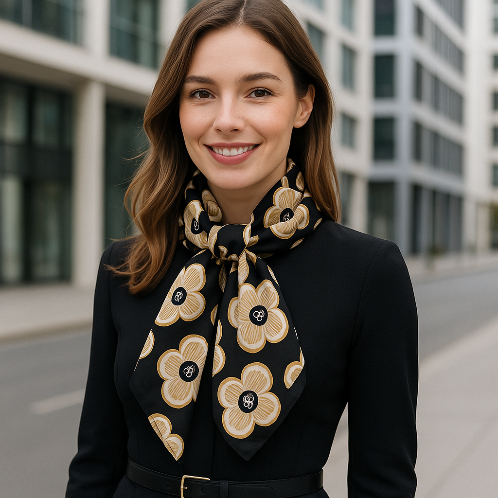 Foulard CYU long noir et fleurs beiges