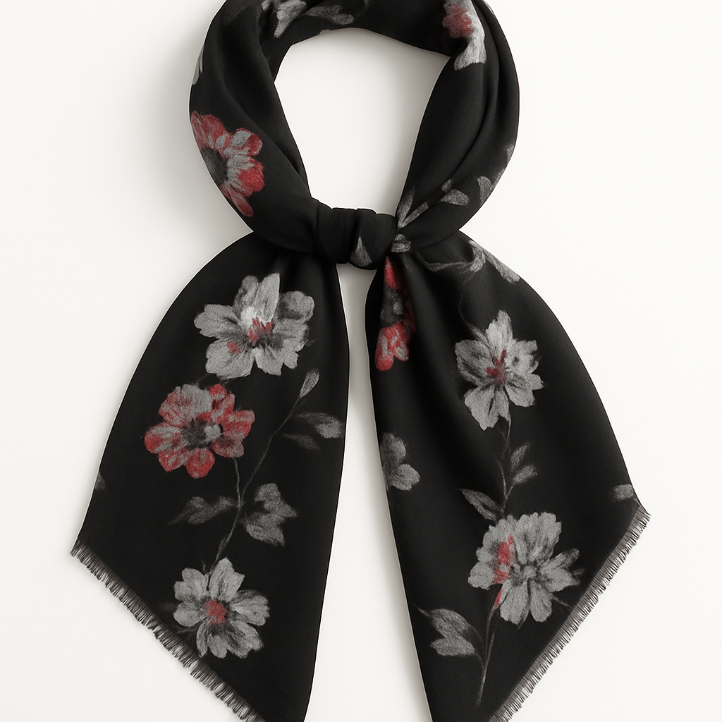 Long Foulard Noir Fleuri, très élégant, en toile coton très légère