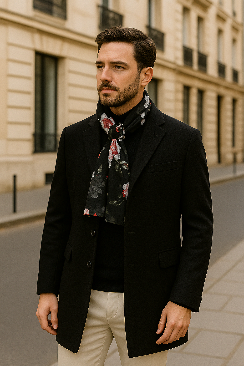 Long Foulard Noir Fleuri, très élégant, en toile coton très légère