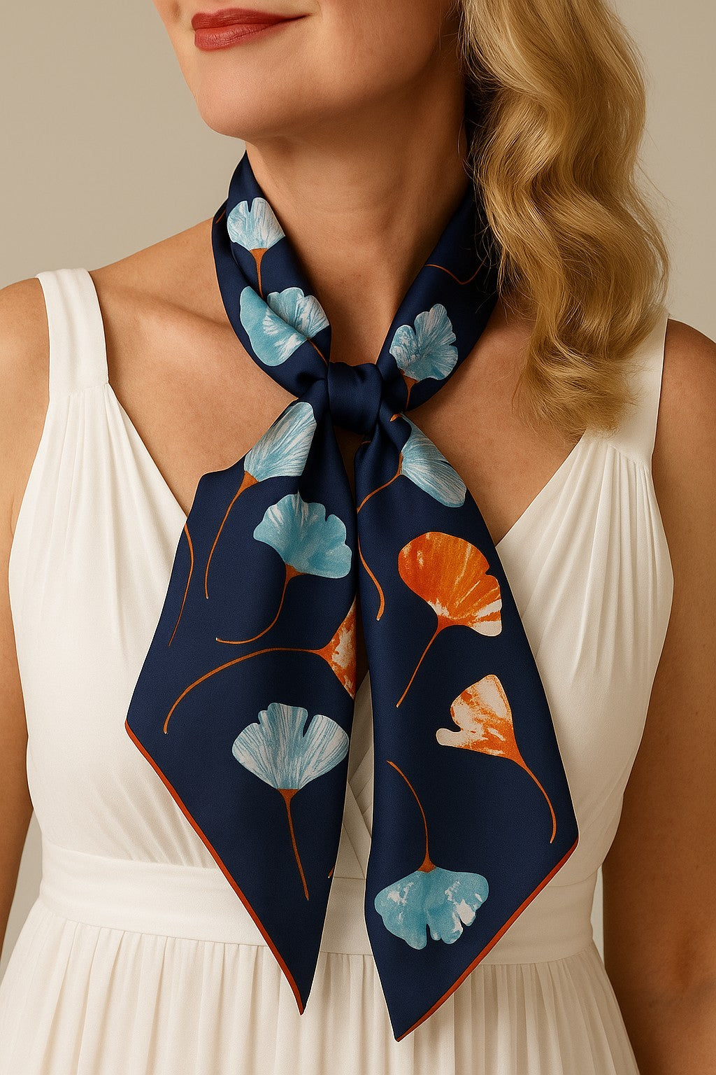 Foulard CYU Bleu nuit motifs fleurs bleu orange _ CYU Scarf Night Blue Flowers Blue Orange