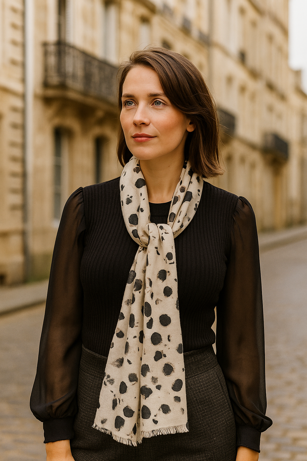 Foulard long beige moucheté marron noir très doux