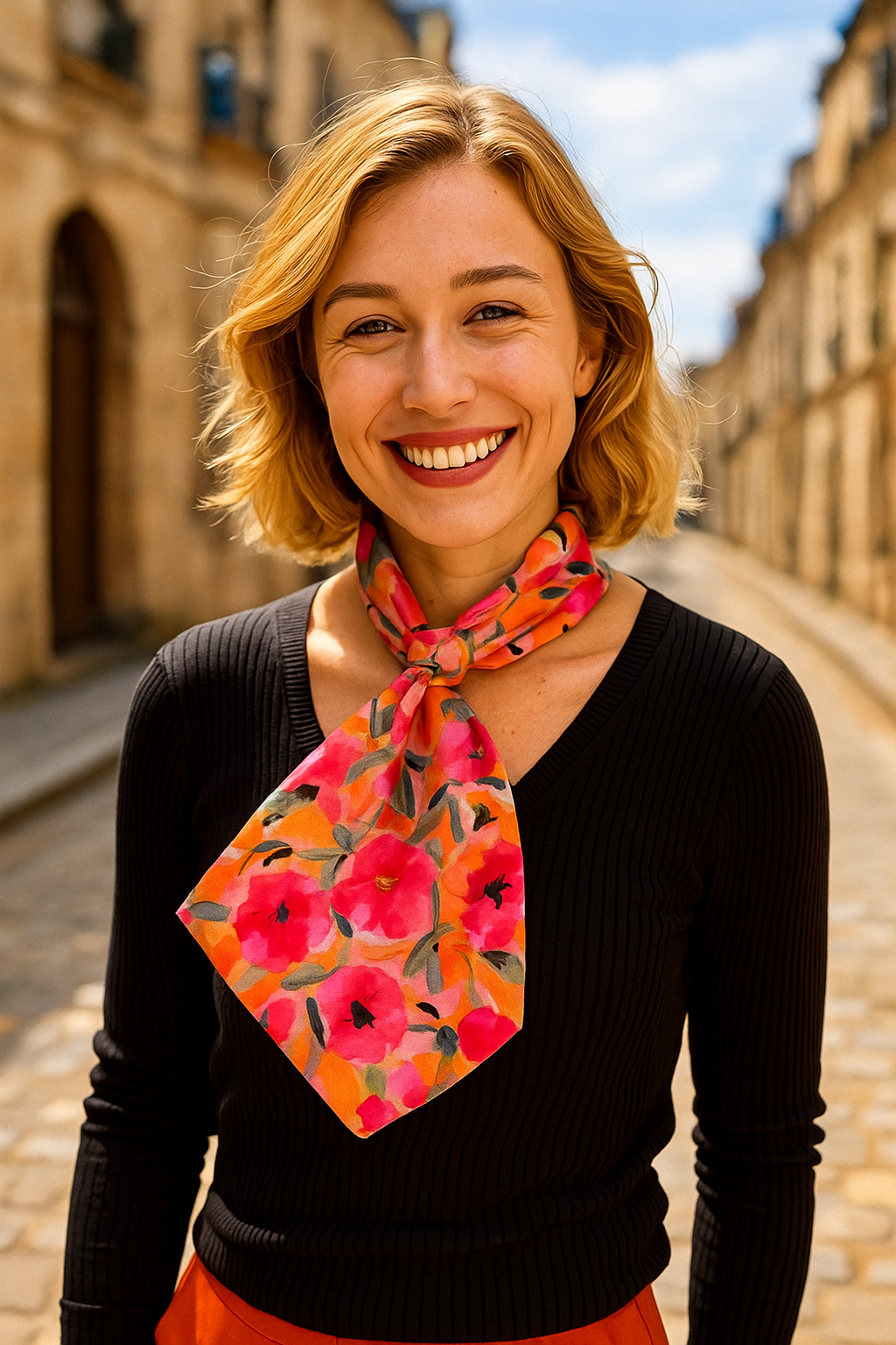 Foulard CYU Fleuri Rose et Orange, joyeux doux et léger