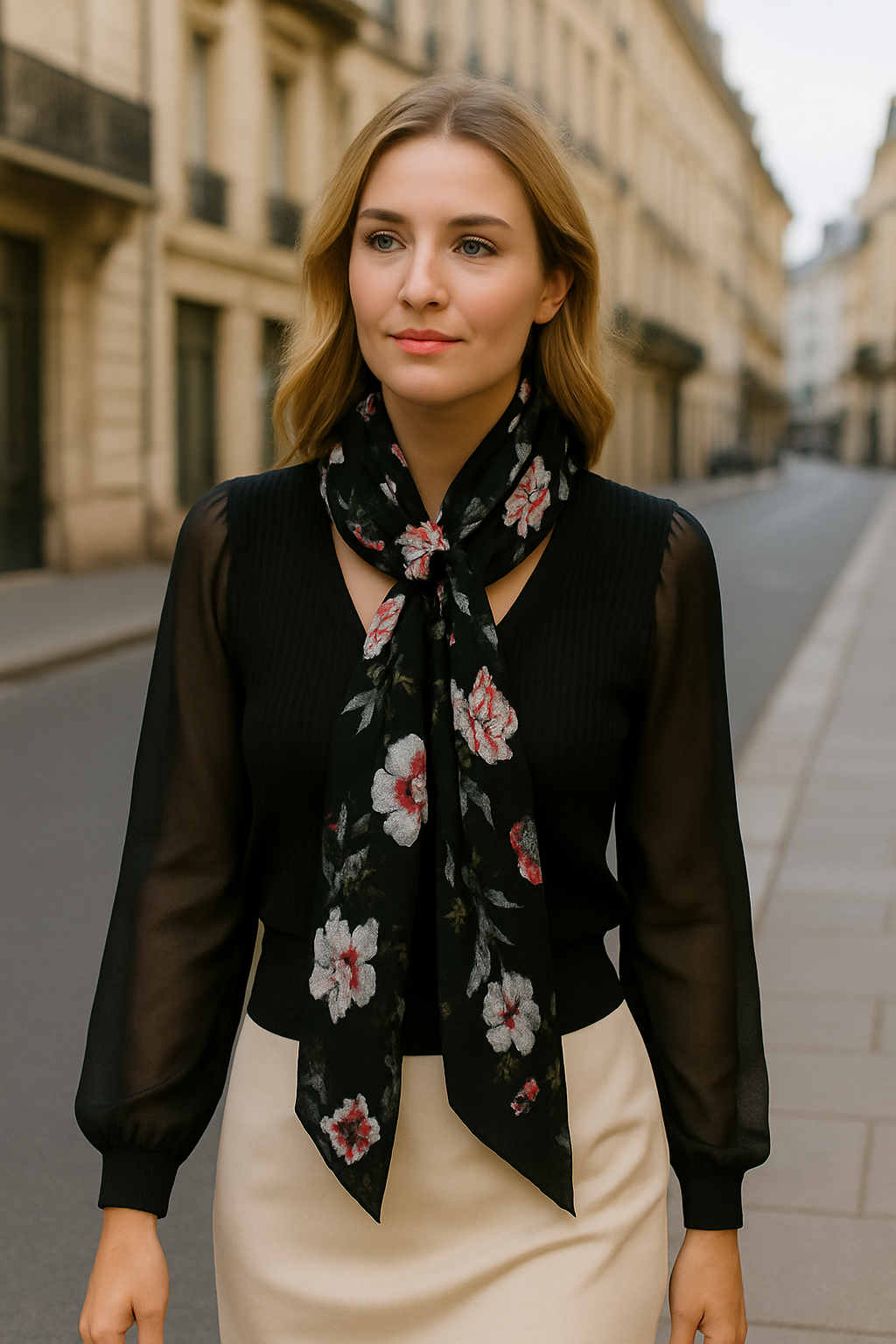 Long Foulard Noir Fleuri, très élégant, en toile coton très légère